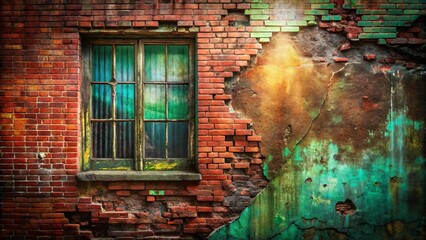 A weathered brick wall with a single window, faded and chipped paint revealing a glimpse of the past, hinting at a forgotten story.