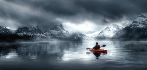 Fototapeta premium Kayaker exploring calm waters with dramatic mountains in the background.