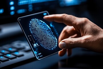 Forensic scientist analyzing fingerprint data on a computer, with digital graphs and zoomed-in details on the monitor, symbolizing precision and thoroughness, capturing scientific focus