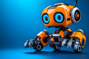 Fototapeta premium Futuristic design of a small robot with wide, innocent eyes, capturing the blend of innocence and technology in a digital world, symbolizing curiosity and modernity