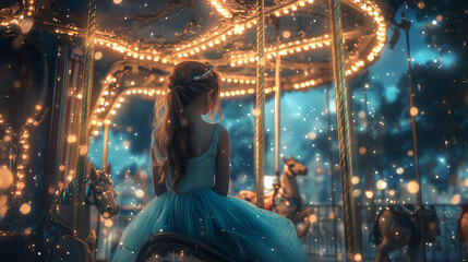 a girl on carousel at night with beautiful light background
