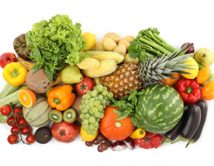 Different fresh fruits and vegetables isolated on white, top view