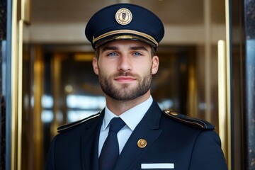 Hotel bellhop in a vintage-style uniform with hat and buttons, capturing the charm and tradition of hospitality, symbolizing friendliness and heritage