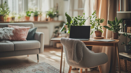 Fototapeta premium A relaxing working place in a cozy living room with a laptop on a wooden desk