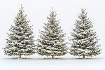 Obraz premium Trio of snow covered evergreen trees standing on a blank white field capturing simplicity and the quiet beauty of winter