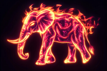 Fototapeta premium neon burning elephant illustration, black background, cartoon style