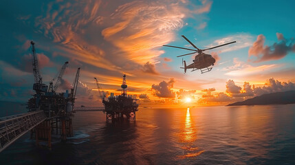helicopter is landing on oil rig platform during stunning sunset, with vibrant colors reflecting on water. scene captures dynamic energy of offshore operations