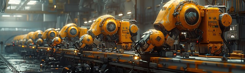 A futuristic industrial scene featuring numerous robotic arms in a production line, showcasing advanced technology and automation.