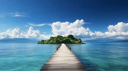 Naklejka premium Beautiful tropical landscape background, concept for summer travel and vacation. Wooden pier to an island in ocean against blue sky with white clouds, panoramic view. 