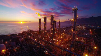Large oil refinery at sunset with towering structures and glowing flames, showcasing industrial beauty against vibrant sky