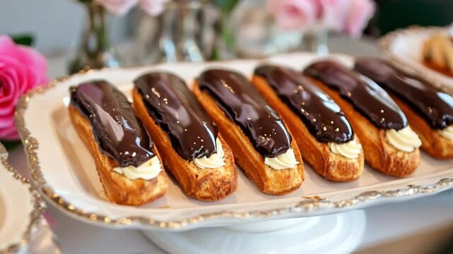 Delicious chocolate eclairs served on an elegant platter at a bakery event in the afternoon sun