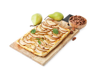 Delicious puff pastry tart with pears, almond and mint isolated on white