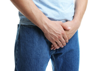 STD (sexually transmitted diseases). Man suffering from symptoms on white background, closeup