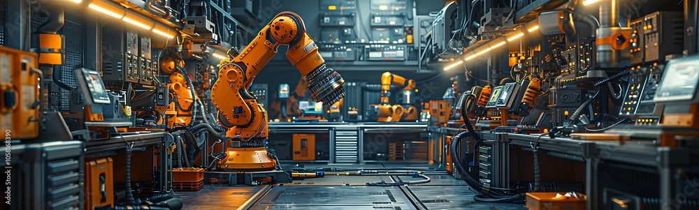 Poster a high-tech industrial space featuring robotic arms and workstations, illuminated by ambient lightin