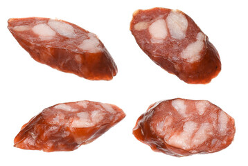 Dry smoked sausage pieces isolated on white, collage