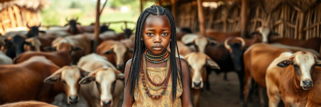African girl with braided hair standing confidently in front of traditional kraal with small livestock, expressing pride and connection to her heritage, braided hair, kraal, confident