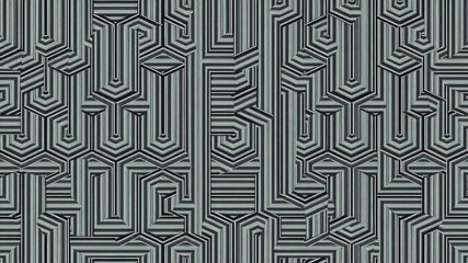 An intricate 3D white geometric pattern of interlocking shapes and lines, stylish, three-dimensional, abstract