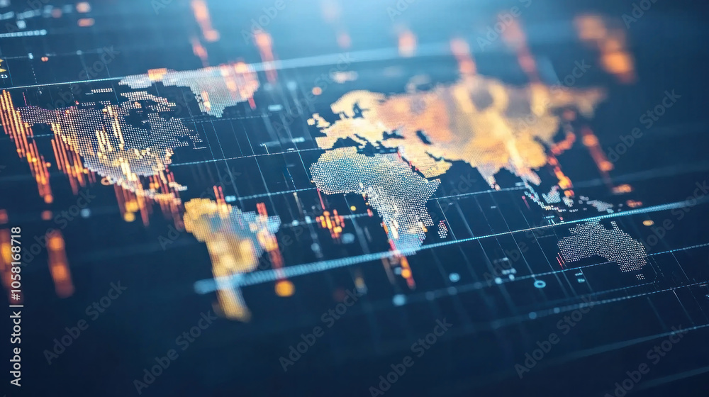 Poster a colorful map of the world with a lot of lines and dots. the map is showing the stock market and th