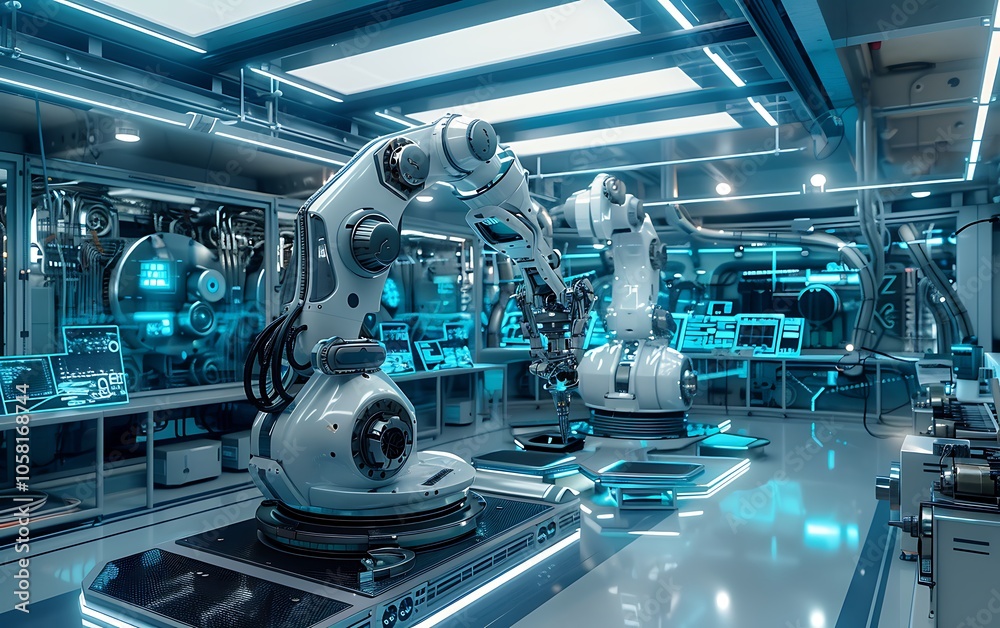 Aufkleber A futuristic lab featuring robotic arms and advanced technology, illuminated by blue lights, showcasing automation and innovation in manufacturing.