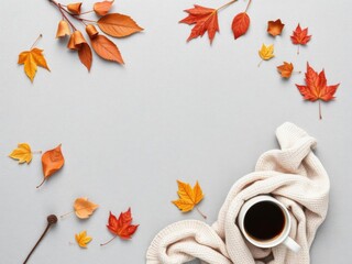 Autumn composition with a cup of coffee, scarf, and dried leaves on gray background, top view, gray background, top view, composition