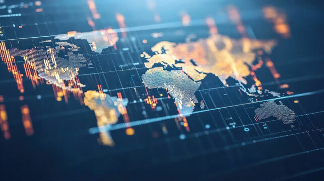 A colorful map of the world with a lot of lines and dots. The map is showing the stock market and the numbers are changing