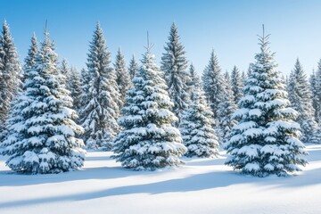 Fototapeta premium Dense grouping of snow covered pine trees under clear skies creating a peaceful winter forest scene with evenly spaced trees and pristine white snow