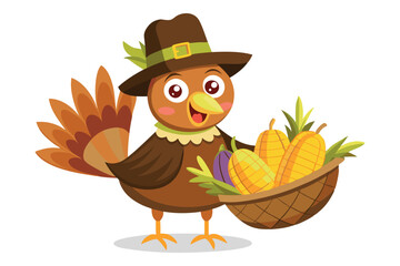 Cute turkey with basket of corn and vegetables, for Thanksgiving graphics, kids' activities, print materials.