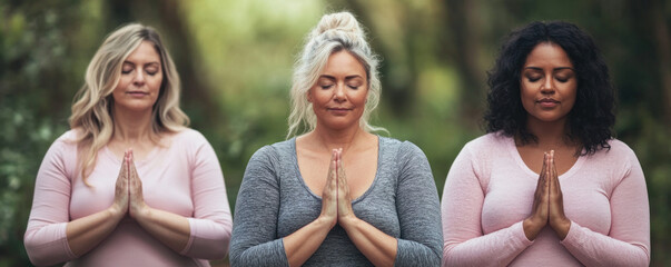 Three women are sitting in a forest, meditating and praying. They are all wearing pink shirts and are all looking at the camera