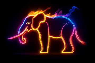 neon burning elephant illustration, black background, cartoon style