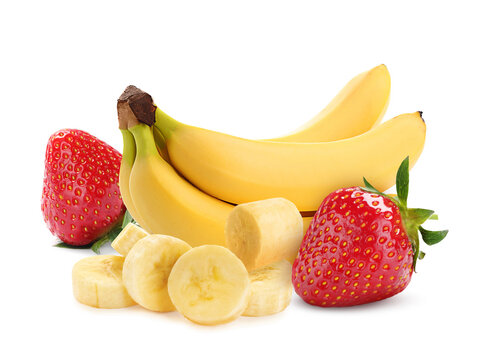 Fresh ripe bananas and strawberries isolated on white - Powered by Adobe