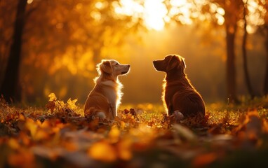 Two dogs, a golden retriever and a golden mix, sit side by side, basking in the soft glow of autumn sunlight amidst fallen leaves, capturing a moment of friendship.