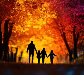 A silhouette of a parent and three children strolls hand-in-hand down a vibrant, leaf-strewn path, embracing the beauty of autumn's colors in a tranquil setting.