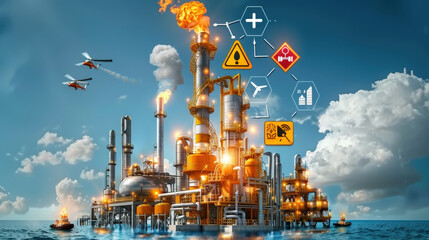 Obraz premium oil refinery plant with advanced safety signs and warning symbols, showcasing industrial operations and technology. scene is vibrant and emphasizes safety measures in dynamic environment