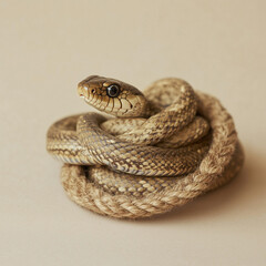 Obraz premium A snake made of rope on a beige background.Copy space,flat lay