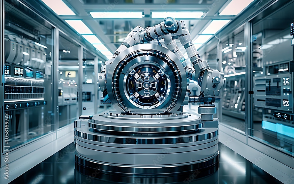Poster a futuristic robotic apparatus in a sleek, high-tech laboratory, showcasing advanced technology and 
