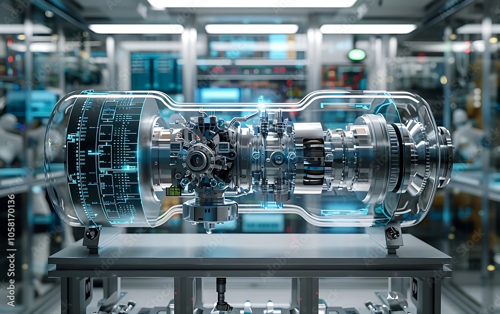 Aufkleber A futuristic transparent engine showcases advanced technology in a high-tech lab environment, highlighting intricate mechanics and digital interfaces.