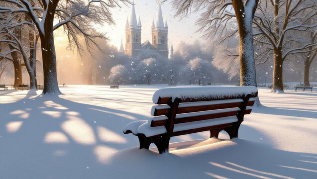 Snow-covered park bench in a winter landscape with trees and a church in the background. - Powered by Adobe