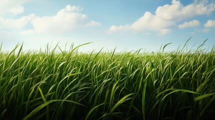 Obraz premium A serene landscape showcasing a vibrant field of grass swaying gently under a bright blue sky, dotted with fluffy clouds?evoking peace and tranquility in nature.
