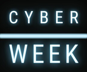 Cyber week neon web banner, glowing blue text on black background for social media, ecommerce, blog post