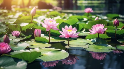 Blooming pink lotus flower with lush green leaves floating on a tranquil pond, vibrant aquatic scene showcasing nature's serenity and floral elegance
