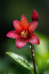 This stunning red flower glistens with droplets of water, showcasing its intricate petals and vibrant beauty against a soft green background, capturing nature's elegance and freshness.
