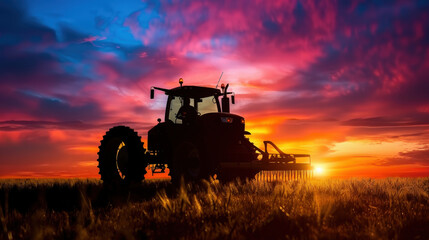 Fototapeta premium silhouette of tractor at dusk against colorful sky creates stunning visual. vibrant hues of orange, pink, and blue reflect beauty of nature