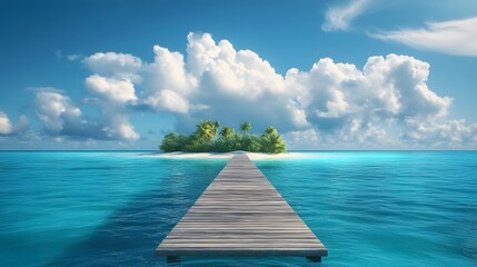 Naklejka premium Beautiful tropical landscape background, concept for summer travel and vacation. Wooden pier to an island in ocean against blue sky with white clouds, panoramic view. 