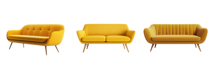 A modern, minimalist yellow sofa with clean lines and wooden legs, isolated on a transparent background