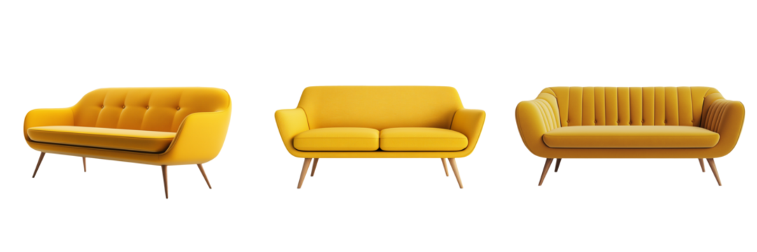 A modern, minimalist yellow sofa with clean lines and wooden legs, isolated on a transparent background