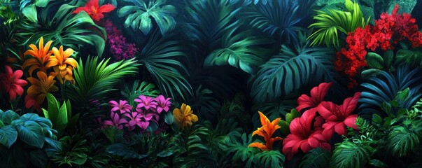 Immerse yourself in a vibrant tropical paradise, where lush foliage and colorful blossoms create an enchanting visual experience that captures the essence of nature?s beauty.