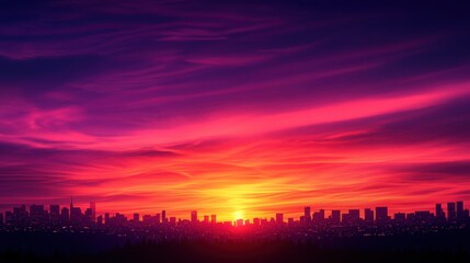 Obraz premium A stunning sunset paints the skyline in hues of pink and orange, highlighting urban silhouettes against a backdrop of dramatic clouds, evoking a sense of tranquility and wonder.