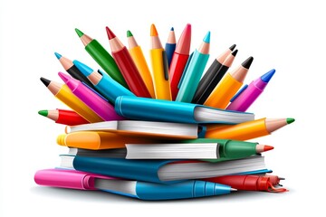 Fototapeta premium a 2D cartoon illustration of a stack of notebooks with colorful pens ready for class white background