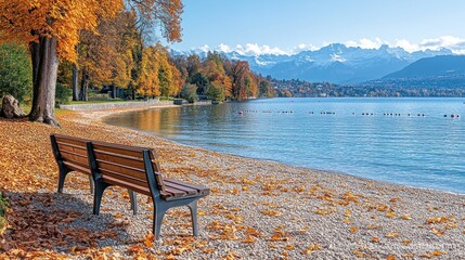 Obraz premium A lone bench on a pebble beach with autumn leaves, overlooking a lake and snowy mountains in the distance.