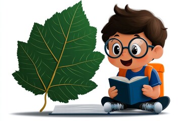 a 2D cartoon illustration of a student with a magnifying glass studying a leaf scientific curiosity white background